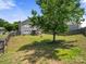 Open backyard view with tall, mature trees, a wooden fence, and a covered patio space at 10426 Kempsford Dr, Charlotte, NC 28262
