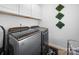 A laundry room with a front load washer and dryer and white cabinets for storage at 10426 Kempsford Dr, Charlotte, NC 28262