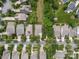 An overhead view of a residential street with green lawns and tree-lined streets in a suburban neighborhood at 2598 Old Ashworth Nw Ln, Concord, NC 28027