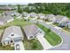 Aerial view of a residential neighborhood showcasing well-maintained homes, green lawns, and tree-lined streets at 5058 Antebellum Dr, Iron Station, NC 28080