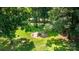 Aerial view of backyard featuring mature trees, fire pit, trampoline and hammock at 7015 Lavern St, Charlotte, NC 28215
