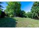 Large backyard with mature trees, rocks, and lush green grass at 8619 New Oak Ln, Huntersville, NC 28078