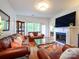 Inviting living room with hardwood floors, a fireplace, plush seating and an abundance of natural light at 11530 Costigan Ln, Charlotte, NC 28277