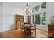 Dining room with hardwood floors, a chandelier, and views of the yard at 12900 Westmoreland Rd, Huntersville, NC 28078