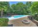 Backyard swimming pool with rock waterfall feature, stone fire pit and manicured landscaping at 9104 Kingsmead Ln, Waxhaw, NC 28173
