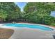 Backyard swimming pool is surrounded by lush greenery, offering a private and tranquil outdoor oasis at 9104 Kingsmead Ln, Waxhaw, NC 28173