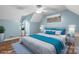 This bedroom features a large rug, a bed with blue accents, and light blue walls creating a relaxing and comfortable atmosphere at 139 Pleasant Garden Dr, Taylorsville, NC 28681