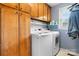 Convenient laundry room is equipped with a washer, dryer, and built-in cabinets for additional storage space at 139 Pleasant Garden Dr, Taylorsville, NC 28681