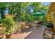 Wooden deck with patio seating and a green umbrella overlooking a lush backyard at 308 Odell St, Kannapolis, NC 28083
