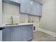 Well-lit laundry room with stylish blue cabinets, white subway tile backsplash, and a stainless steel sink at 7215 Alexander Rd # 4, Charlotte, NC 28270