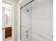 Modern bathroom features a glass-enclosed shower with updated fixtures and a clear view of the vanity at 8117 Rising Meadow Rd, Charlotte, NC 28277