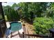 Backyard pool surrounded by lush landscaping, trees, and a privacy fence; great for entertaining at 132 Parkside Ln, Mooresville, NC 28117