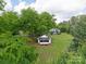 Aerial shot featuring a charming white cottage with a black roof surrounded by lush trees and green space at 615 & 625 Irish Potato Rd, Concord, NC 28025