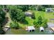 Expansive aerial view of lakefront property with lush green lawn and multiple boat docks in a serene wooded setting at 6256 Monford Dr, Conover, NC 28613