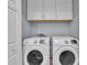 Laundry room with white cabinets above Samsung washer and dryer at 8120 Vermilion Dr, Charlotte, NC 28215