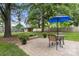 Outdoor patio with dining set, built-in firepit, lush landscaping, and string lights at 1109 S Highland Ave, Landis, NC 28088