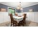 Charming dining room with wainscoting, classic light fixture, and backyard view at 1109 S Highland Ave, Landis, NC 28088