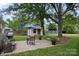 Well-kept backyard featuring a storage shed, patio area, mature trees, and privacy fence at 1109 S Highland Ave, Landis, NC 28088