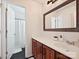 Bathroom featuring wood cabinets, a sink and a mirror at 1109 Woodwinds Dr, Waxhaw, NC 28173