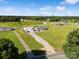 Expansive aerial view of a charming home with a long driveway, lush green lawn, and a large garage at 2268 Westbrook Rd, Edgemoor, SC 29712