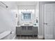 Well-lit bathroom featuring sleek gray vanity and stylish lighted mirror at 3807 Sweetgrass Ln, Charlotte, NC 28226