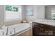 Bathroom showcasing a soaking tub with fixtures and dark wood cabinetry at 5044 Dockside Ct, Matthews, NC 28104