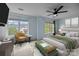 Tranquil primary bedroom with modern decor, large windows, ceiling fan, and ample natural light for relaxing at 6518 Point Comfort Ln, Charlotte, NC 28226