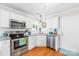 This kitchen features stainless steel appliances, white cabinetry, granite countertops, and hardwood flooring at 8020 Sheckler Ln, Matthews, NC 28104