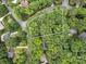An aerial view highlighting the property's location in a densely wooded, established neighborhood at 8201 Lansford Rd, Charlotte, NC 28277