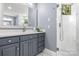 Bathroom featuring gray cabinets, a white countertop, mirror, and a glass-enclosed shower at 9219 Whispering Wind Dr, Charlotte, NC 28277