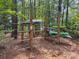 A wooden rack for storing canoes and kayaks surrounded by trees in a forest setting at 100 Woodwinds Dr, Mount Holly, NC 28120
