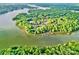 Stunning aerial view of waterfront property highlighting the lush treeline and boat docks at 10300 Sweetleaf Pl, Charlotte, NC 28278