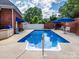 Private pool surrounded by a concrete patio, umbrellas, and brick fencing at 1209 S South St, Gastonia, NC 28052