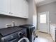 Modern laundry room featuring gray walls, overhead cabinets, and new washer and dryer units at 1509 Churchill Downs Dr, Waxhaw, NC 28173