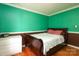 Bedroom featuring green walls, hardwood floors and contrasting brown trim creating a serene space at 2443 Knickerbocker Dr, Charlotte, NC 28212