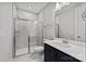 Modern bathroom featuring a glass-enclosed shower and navy blue vanity at 3321 Treble Ct, Charlotte, NC 28262