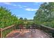 Private back deck with wooden railing and comfortable chairs provide a scenic view of the beautiful landscape at 3506 Cardiff Ln, Matthews, NC 28104