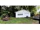 Two-car white garage with lawn and brick fireplace exterior view at 4414 Birkdale Dr, Charlotte, NC 28208