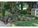 Beautifully landscaped backyard featuring mature trees, manicured lawn and stately lion statue at 4711 Lenox Hill Pl # 98, Charlotte, NC 28269