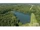A beautiful aerial view of a pond surrounded by trees with a dam on one end at 118 Kerr Walk Dr # 17, Statesville, NC 28677
