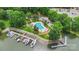 Stunning aerial view featuring community pool, boat docks, and waterfront access at 18840 Silver Quay Dr # 12, Cornelius, NC 28031