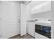 A dedicated laundry area features modern washer and dryer units and overhead storage at 2996 N Lookout St, Claremont, NC 28610