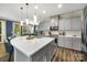 Modern kitchen with gray cabinets, stainless steel appliances, a large island with pendant lights, and hardwood floors at 5088 Watersail Way, Clover, SC 29710