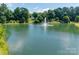 Scenic view of pond with fountain surrounded by lush greenery and trees, creating a tranquil setting at 841 Lacebark Dr, Rock Hill, SC 29732