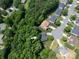 Aerial view of a secluded property surrounded by mature trees and featuring a private driveway at 10044 Markus Dr, Mint Hill, NC 28227