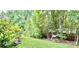 Landscaped backyard with a small garden shed, lush lawn, and border of trees at 1025 N Sharon Amity Rd, Charlotte, NC 28211