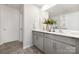 Well-lit bathroom featuring double vanity, sleek gray cabinets, large mirror, and contemporary fixtures, offering a clean design at 1039 20Th Avenue Se Loop, Hickory, NC 28602