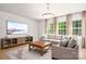 Cozy living room featuring a large sectional sofa, TV, hardwood floors, and natural light at 13025 Cinnamon Fern Ln, Charlotte, NC 28227