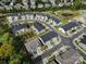 Aerial view of townhome community surrounded by lush greenery and a pond at 149 Briana Marie Way, Indian Trail, NC 28079