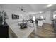 Open-concept living room with adjoined kitchen, modern decor, and wood-look floors at 149 Briana Marie Way, Indian Trail, NC 28079